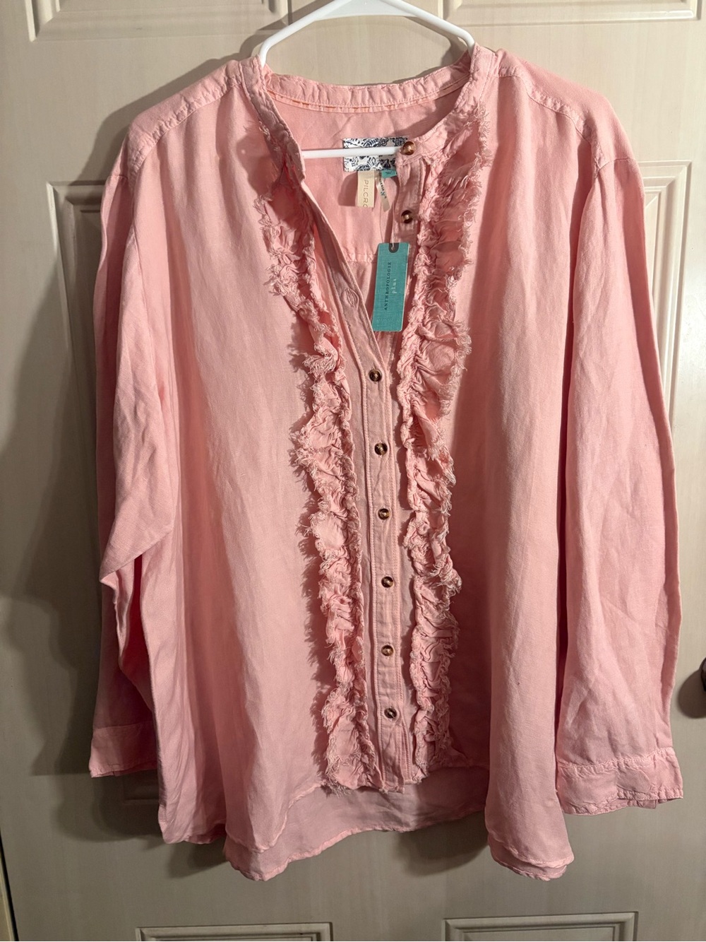 Anthropologie Pilcro Women’s Pink Ruffle Front Button Blouse 2XPLUS NWT Prairie